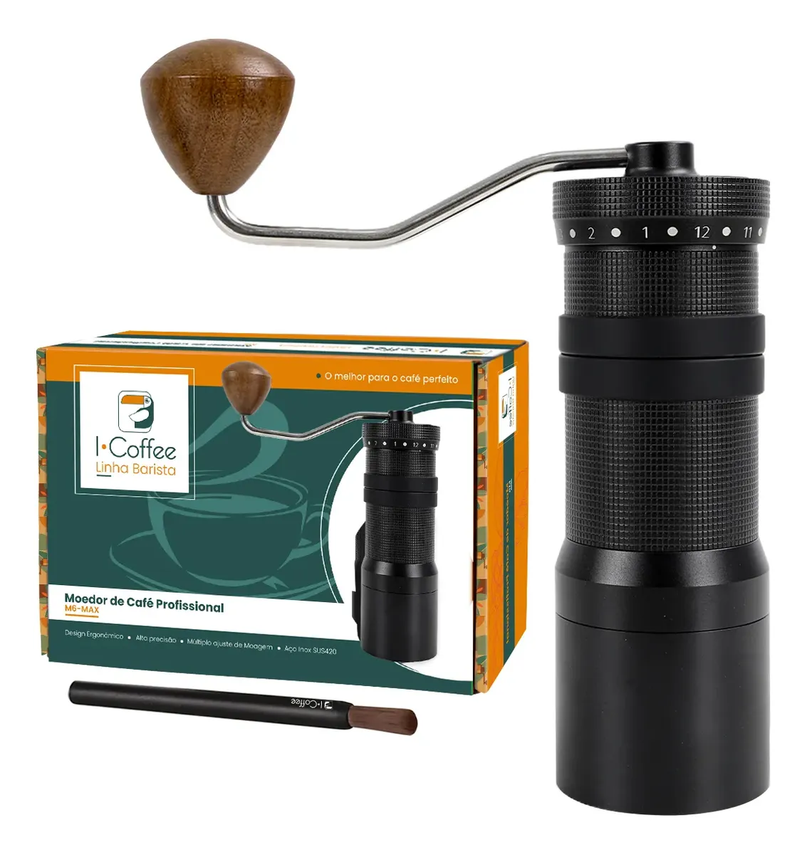 Moedor de cafe manual Icoffee ajustavel compacto inox 40g